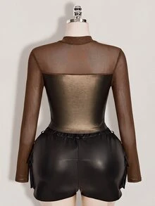 SHEIN ICON 女款大尺碼秋冬皮革拼接網格黑色修身T恤 - 摩卡棕 - 查看 2