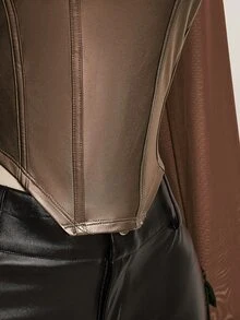 SHEIN ICON 女款大尺碼秋冬皮革拼接網格黑色修身T恤 - 摩卡棕 - 查看 9