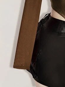 SHEIN ICON 女款大尺碼秋冬皮革拼接網格黑色修身T恤 - 摩卡棕 - 查看 8