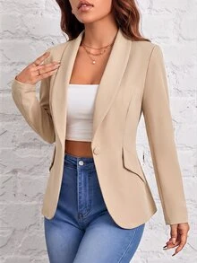 SHEIN PETITE 秋冬通勤穿搭 綠色水果領單扣黑色西裝外套 - 卡其色 - 查看 4