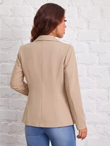 SHEIN PETITE 秋冬通勤穿搭 綠色水果領單扣黑色西裝外套 - 卡其色 - 查看 3