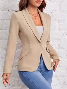 SHEIN PETITE 秋冬通勤穿搭 綠色水果領單扣黑色西裝外套 - 卡其色 - 查看 2