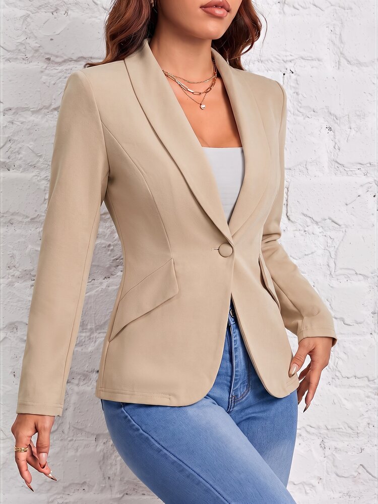 SHEIN PETITE Autumn And Winter Wear Suitable For Commuting. Green Fruit Collar Single-Button Black Suit Jacket - Khaki - View 2