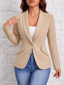 SHEIN PETITE 秋冬通勤穿搭 綠色水果領單扣黑色西裝外套 - 卡其色 - 查看 6