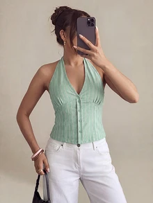 SHEIN PETITE Women Cotton Sage Green Stand Collar Single-Breasted Vest Thin Blazer In Summer Brunch Casual Elegant - Mint Green - View 3