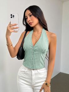 SHEIN PETITE Women Cotton Sage Green Stand Collar Single-Breasted Vest Thin Blazer In Summer Brunch Casual Elegant - Mint Green - View 1