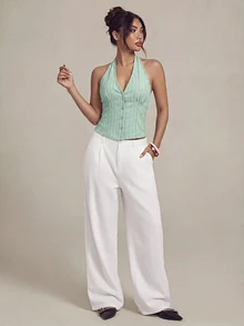 SHEIN PETITE Women Cotton Sage Green Stand Collar Single-Breasted Vest Thin Blazer In Summer Brunch Casual Elegant - Mint Green - View 4