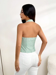 SHEIN PETITE Women Cotton Sage Green Stand Collar Single-Breasted Vest Thin Blazer In Summer Brunch Casual Elegant - Mint Green - View 5