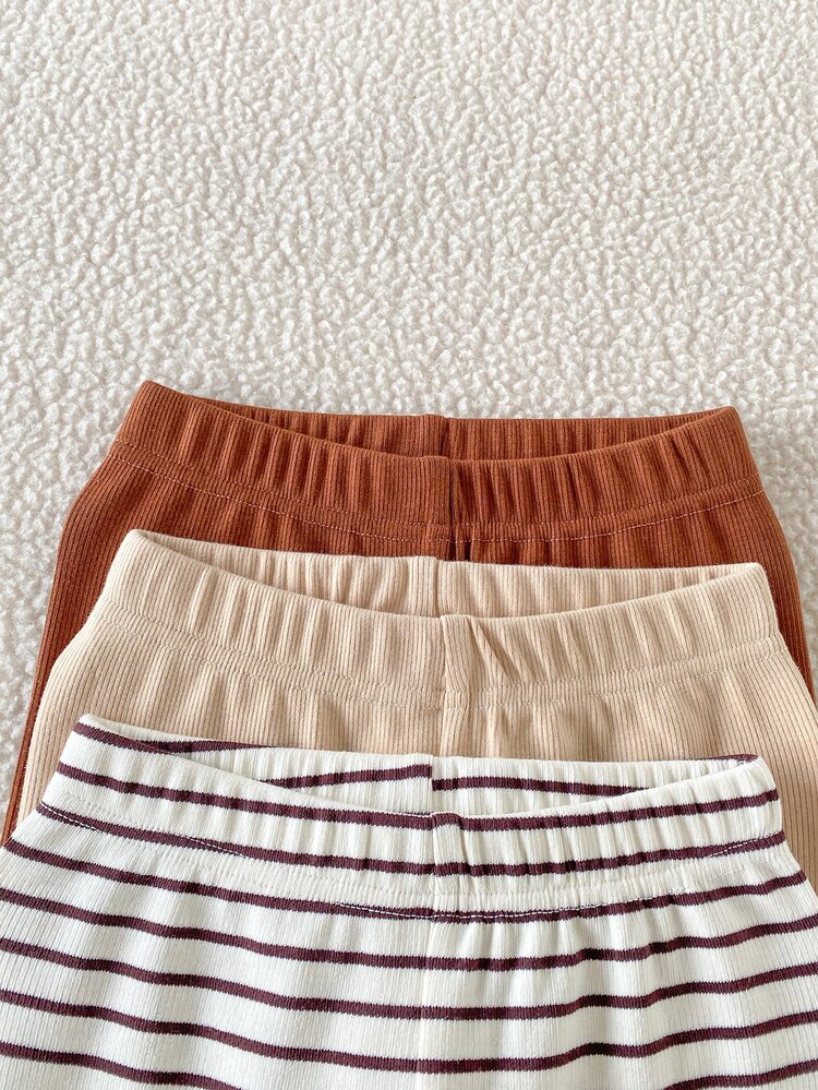 SHEIN Baby Boy Autumn/Winter Ribbed Front Button Long Sleeve Knit Striped Top In Beige, Coffee And Brown With Matching Ribbed Long Pants, Multi-Color Options, Suitable For Indoor And Outdoor Wear - Multicolor - View 7