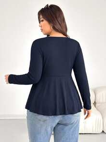 Shapeblank Plus Size Solid Color Casual Long Sleeve T-Shirt, Spring Fall - Navy Blue - View 3