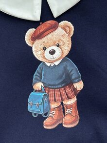 Cozy Pixies Baby Girl Cute Cartoon Vintage Bear Gray & White Plaid Autumn School Uniform Retro Letter Pattern Collared Long Sleeve Dress Set - Multicolor - View 3