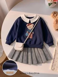Cozy Pixies Baby Girl Cute Cartoon Vintage Bear Gray & White Plaid Autumn School Uniform Retro Letter Pattern Collared Long Sleeve Dress Set - Multicolor - View 1