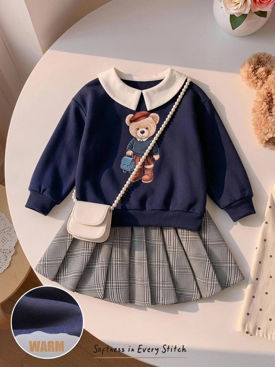Cozy Pixies Baby Girl Cute Cartoon Vintage Bear Gray & White Plaid Autumn School Uniform Retro Letter Pattern Collared Long Sleeve Dress Set - Multicolor - View 1