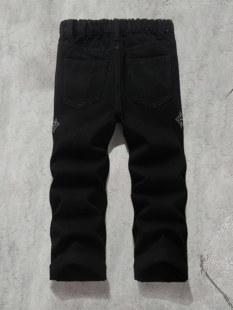 Boys' Loose Black Denim Long Pants With Shiny Rhinestone Cross Pattern - Black - View 2