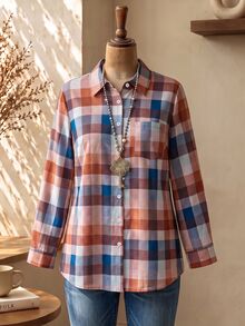 Rusticease Plus Size Autumn Casual Soft Form Plaid Shirt Fall Brunch Office Blue - Multicolor - View 2