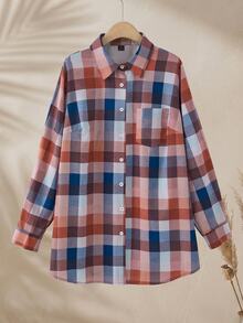 Rusticease Plus Size Autumn Casual Soft Form Plaid Shirt Fall Brunch Office Blue - Multicolor - View 3