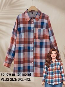 Rusticease Plus Size Autumn Casual Soft Form Plaid Shirt Fall Brunch Office Blue - Multicolor - View 8