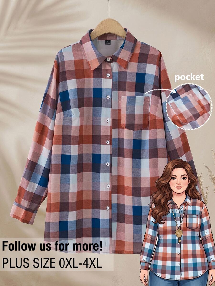 Rusticease Plus Size Autumn Casual Soft Form Plaid Shirt Fall Brunch Office Blue - Multicolor - View 1