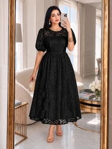 Auveirra Plus Size French Elegant Lace Patchwork Elegant Evening Dress - Black - View 3
