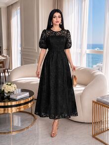 Auveirra Plus Size French Elegant Lace Patchwork Elegant Evening Dress - Black - View 5