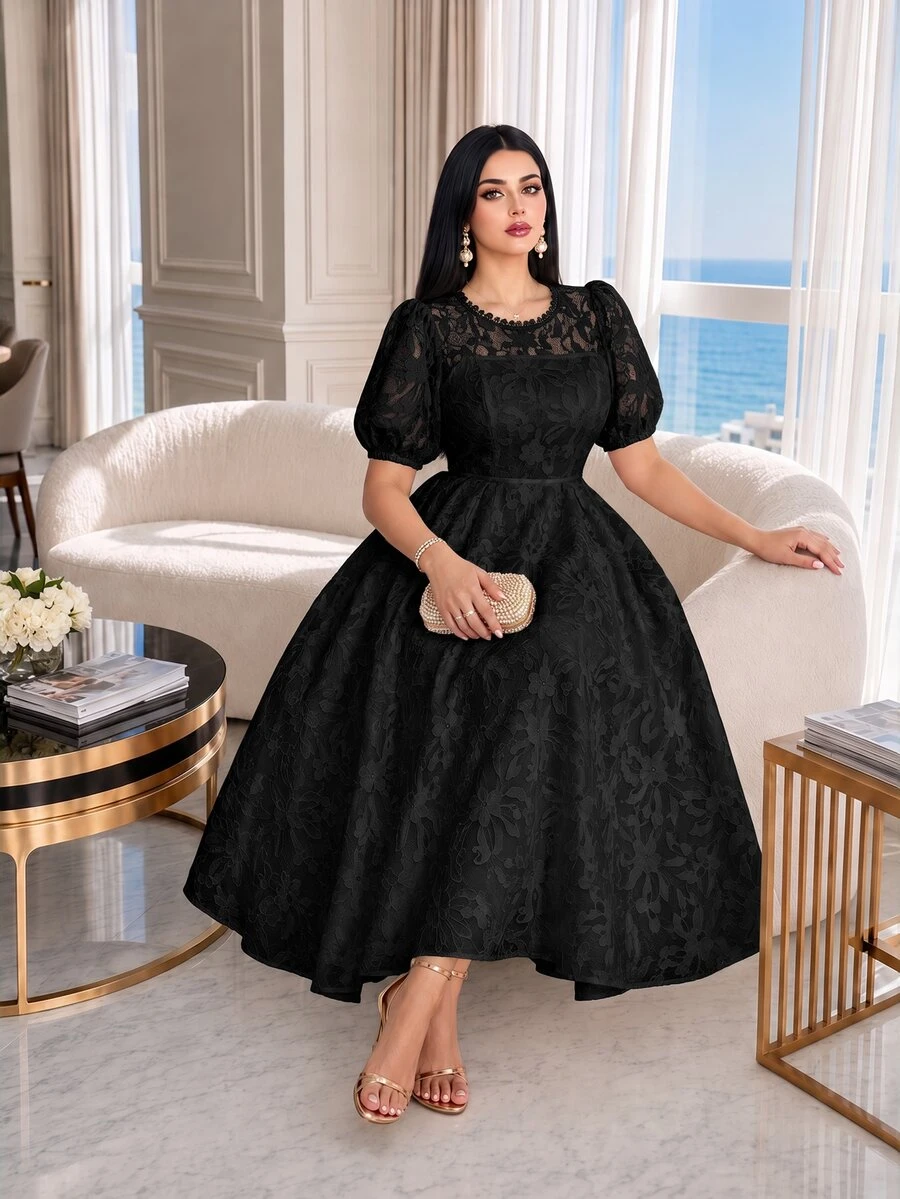 Auveirra Plus Size French Elegant Lace Patchwork Elegant Evening Dress - Black - View 1