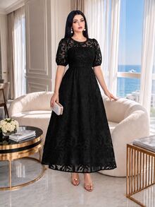 Auveirra Plus Size French Elegant Lace Patchwork Elegant Evening Dress - Black - View 6