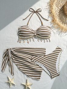 SHEIN SunnyBelle Women's Summer Fashion Sexy Textured Fabric Shell Trim Bikini Set For Cruise, Pool, Vacation - Khaki - View 9