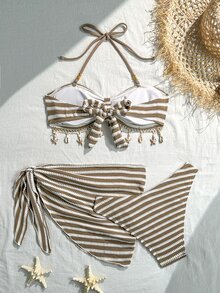 SHEIN SunnyBelle Women's Summer Fashion Sexy Textured Fabric Shell Trim Bikini Set For Cruise, Pool, Vacation - Khaki - View 2