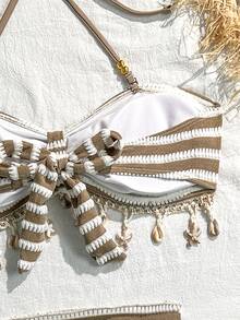 SHEIN SunnyBelle Women's Summer Fashion Sexy Textured Fabric Shell Trim Bikini Set For Cruise, Pool, Vacation - Khaki - View 7