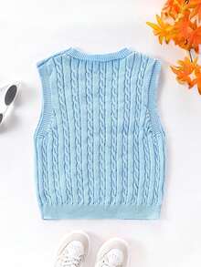 SHEIN Tween Girl Cable Knit V-Neck Casual Versatile Sweater Vest - Baby Blue - View 2