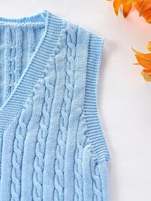 SHEIN Tween Girl Cable Knit V-Neck Casual Versatile Sweater Vest - Baby Blue - View 4