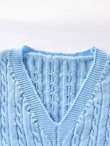 SHEIN Tween Girl Cable Knit V-Neck Casual Versatile Sweater Vest - Baby Blue - View 3
