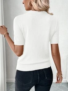 SHEIN Women's Solid Color Round Neck Short Sleeve Casual Ribbed Knit Top, White Summer Effortless Chic Everyday Work Basic Business For Women - White - View 9