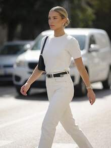SHEIN Women's Solid Color Round Neck Short Sleeve Casual Ribbed Knit Top, White Summer Effortless Chic Everyday Work Basic Business For Women - White - View 7