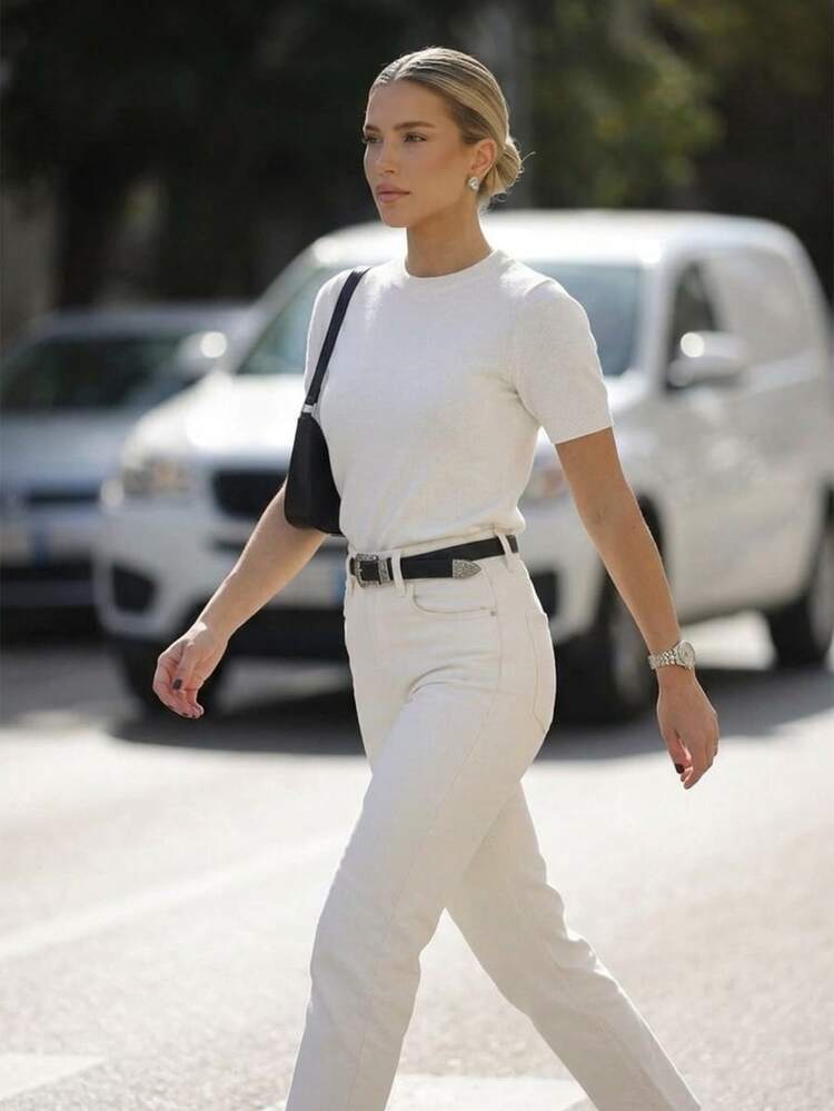 SHEIN Women's Solid Color Round Neck Short Sleeve Casual Ribbed Knit Top, White Summer Effortless Chic Everyday Work Basic Business For Women - White - View 6