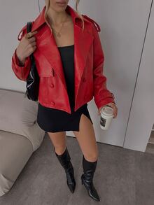 SHEIN BAE 秋季時尚雙排扣短版夾克 - 紅色 - 查看 5