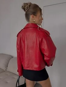 SHEIN BAE 秋季時尚雙排扣短版夾克 - 紅色 - 查看 2
