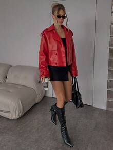 SHEIN BAE 秋季時尚雙排扣短版夾克 - 紅色 - 查看 4