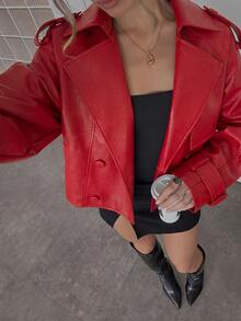 SHEIN BAE 秋季時尚雙排扣短版夾克 - 紅色 - 查看 8