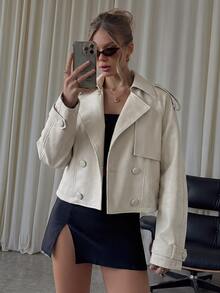 SHEIN BAE 女款純色插肩袖長袖PU皮革雙排扣風衣 - 杏色 - 查看 7