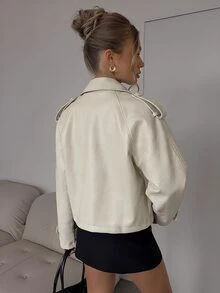 SHEIN BAE 女款純色插肩袖長袖PU皮革雙排扣風衣 - 杏色 - 查看 2