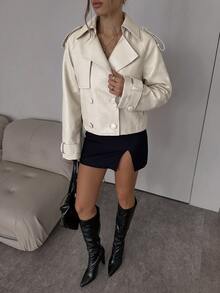 SHEIN BAE 女款純色插肩袖長袖PU皮革雙排扣風衣 - 杏色 - 查看 3