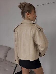 SHEIN BAE 女款純色PU皮革插肩袖長袖雙排扣風衣，米色，秋季日常街頭休閒款 - 棕色 - 查看 2