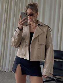 SHEIN BAE 女款純色PU皮革插肩袖長袖雙排扣風衣，米色，秋季日常街頭休閒款 - 棕色 - 查看 7