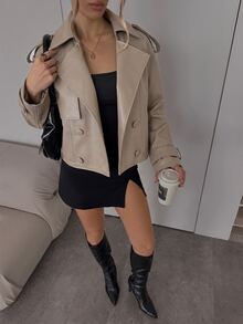 SHEIN BAE 女款純色PU皮革插肩袖長袖雙排扣風衣，米色，秋季日常街頭休閒款 - 棕色 - 查看 5