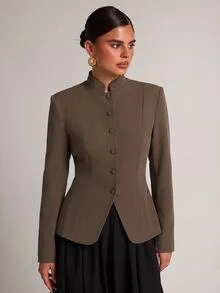 SHEIN BAE Women's Solid Color Casual Versatile Commute Travel Blazer Jacket - Coffee Brown - View 6