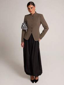 SHEIN BAE Women's Solid Color Casual Versatile Commute Travel Blazer Jacket - Coffee Brown - View 3