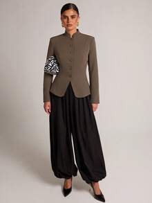 SHEIN BAE Women's Solid Color Casual Versatile Commute Travel Blazer Jacket - Coffee Brown - View 1