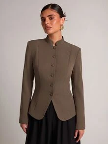 SHEIN BAE Women's Solid Color Casual Versatile Commute Travel Blazer Jacket - Coffee Brown - View 7