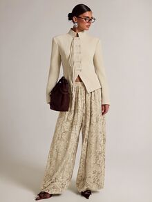 SHEIN BAE Women's Elegant Commute Solid Color Blazer - Apricot - View 3